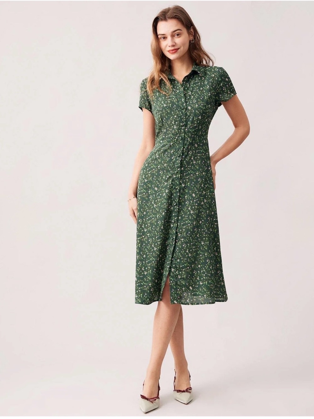 RIHOAS The Green Lapel Button Up Floral Midi Dress